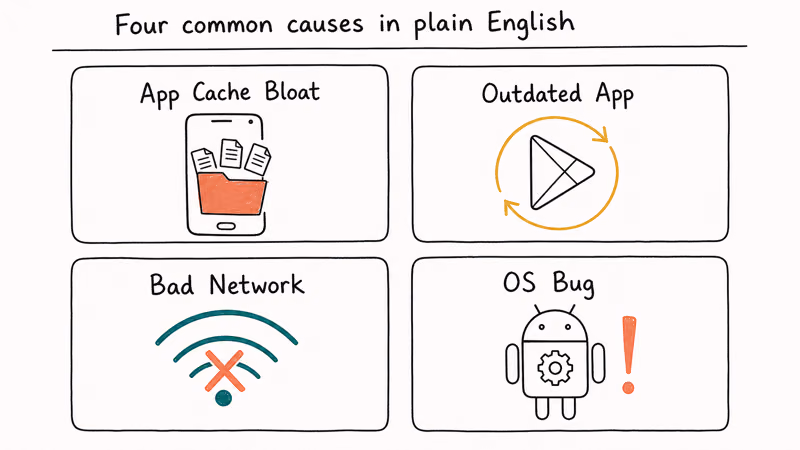 Four card grid mapping YouTube on Android failure causes including cache bloat outdated app bad network and OS