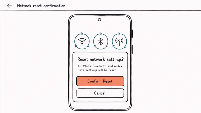 Android phone showing reset network settings confirm dialog with Wi-Fi Bluetooth and mobile data refresh icons.