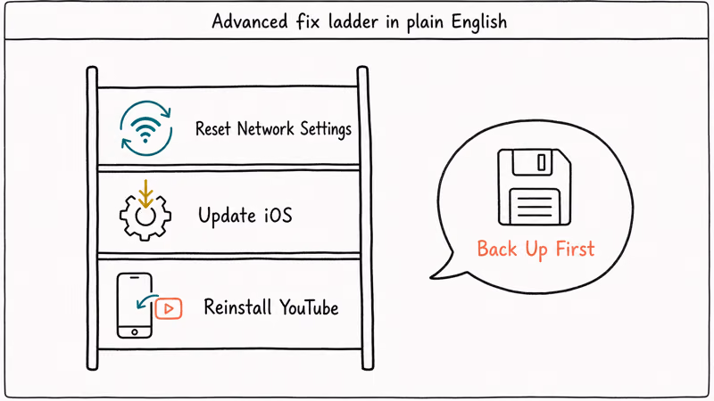 Three rung advanced fix ladder for iPhone YouTube showing reset network update iOS and reinstall with backup caution.
