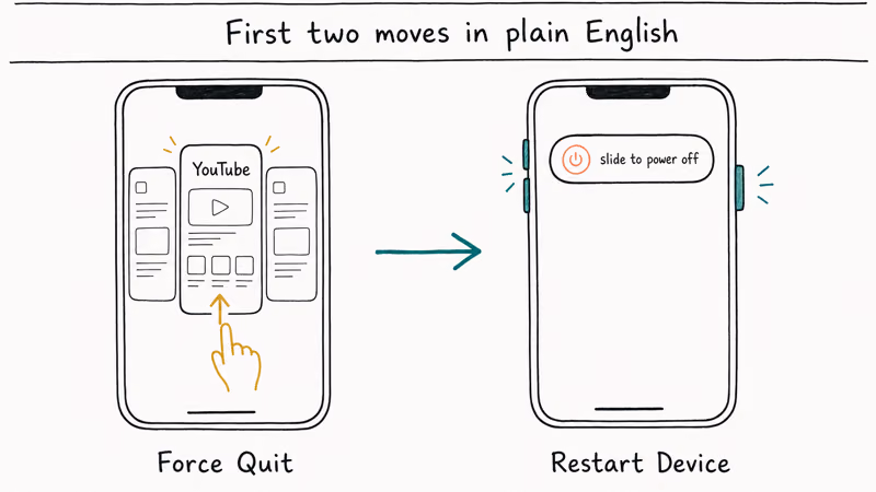 Diptych showing iPhone YouTube card swipe up to force quit then power off slider for restart.