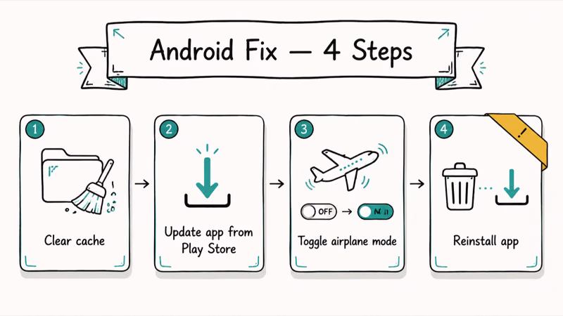 Four-card hand-drawn lineup of Android YouTube fix steps from cache clear to reinstall.