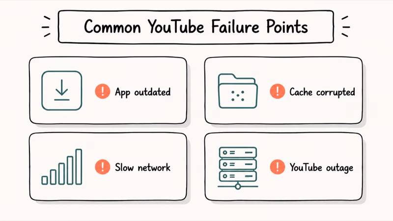 Four-card grid of common YouTube failure points including outdated app cache network and server outage.