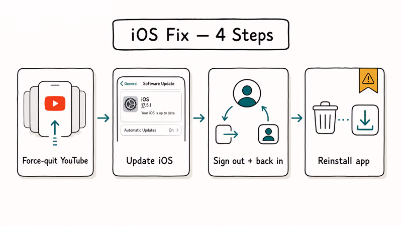 Four-card iOS YouTube fix sequence including force quit iOS update sign out and reinstall.