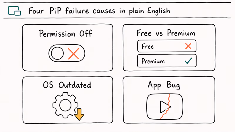 Four card grid showing YouTube PiP failure causes including permission off plan tier OS outdated and app bug.