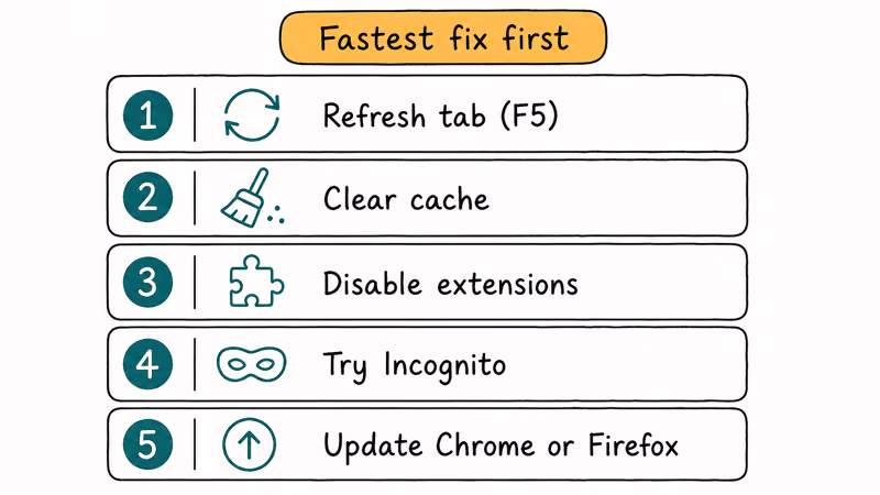 Five desktop YouTube fixes list refresh clear cache disable extensions Incognito and update browser