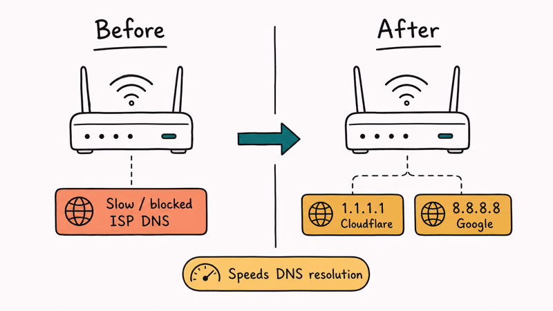DNS swap before-after diagram ISP DNS replaced with Cloudflare and Google public resolvers