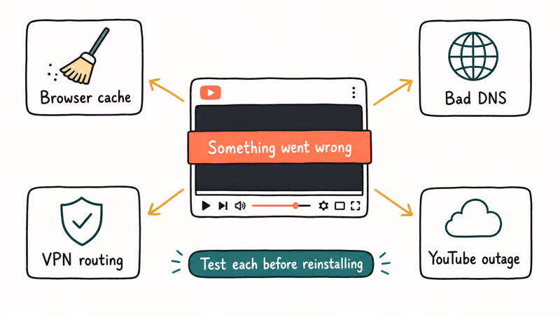 YouTube error trigger map four causes browser cache DNS VPN and outage around central player