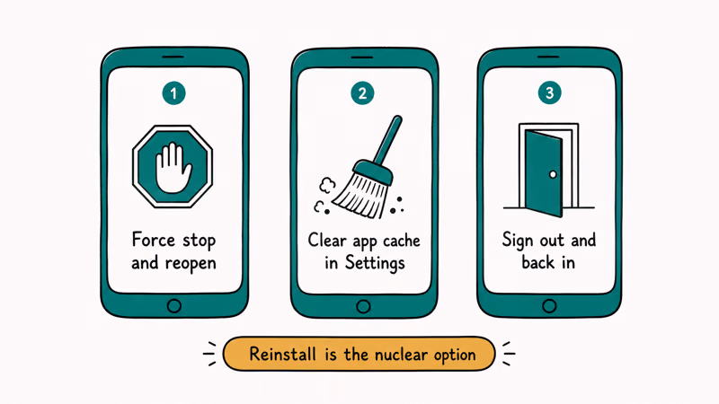 Three mobile YouTube fix cards force stop clear cache and sign out with reinstall warning