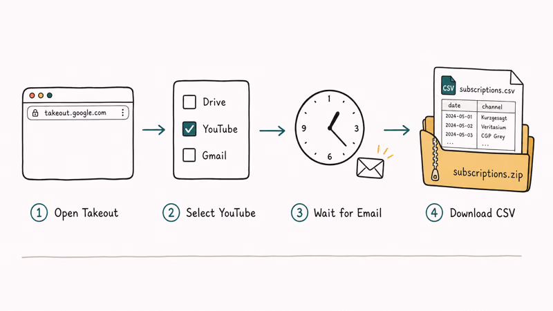 Hand-drawn Google Takeout export flow from website to YouTube selection to wait email to subscriptions CSV.