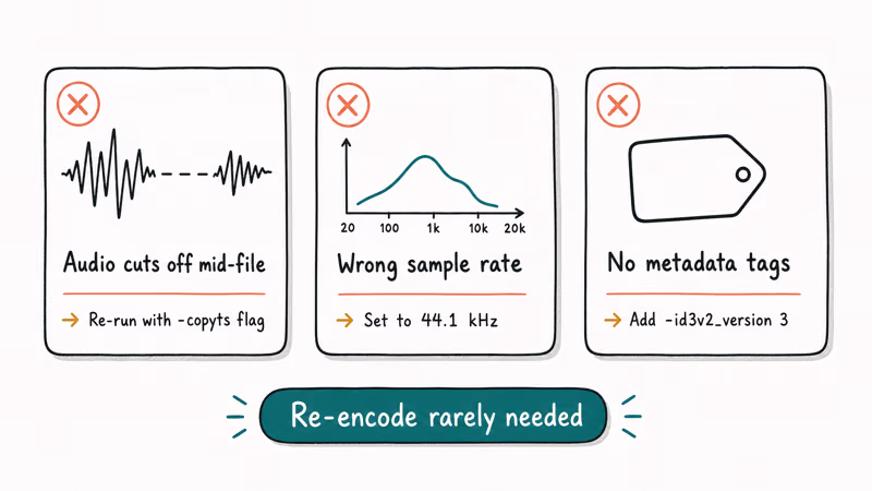 Three AAC conversion failure cards cutoff wrong sample rate and missing metadata with fixes