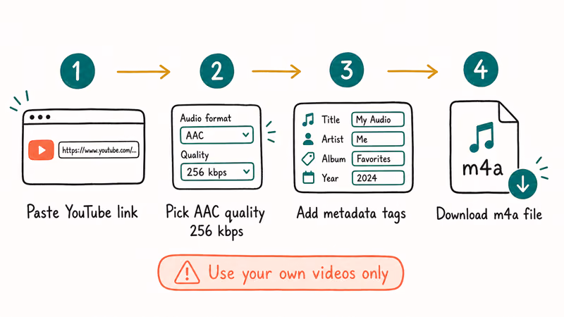 Four-step YouTube to AAC conversion flow paste link pick quality add metadata and download file