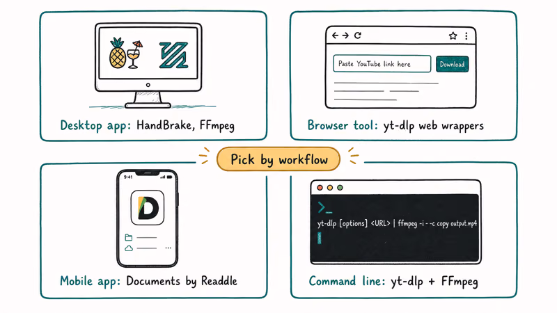 Four YouTube to AAC converter types desktop browser mobile and command line tools comparison grid