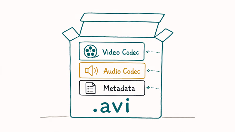 Hand-drawn AVI container box opened to show inner video codec audio codec and metadata blocks for clarity.