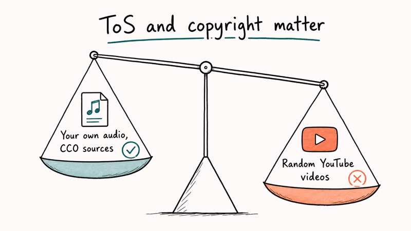 Balance scale weighing legal own audio and Creative Commons against unauthorized YouTube audio conversion under terms and copyright