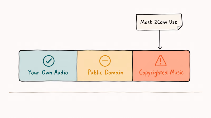 Hand-drawn three-zone bar showing where most 2Conv usage sits in the copyrighted music zone with warning color.