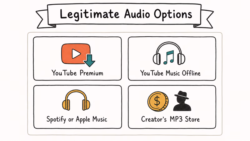 Hand-drawn 2x2 grid showing legitimate audio options including YouTube Premium Music Spotify and creator store.