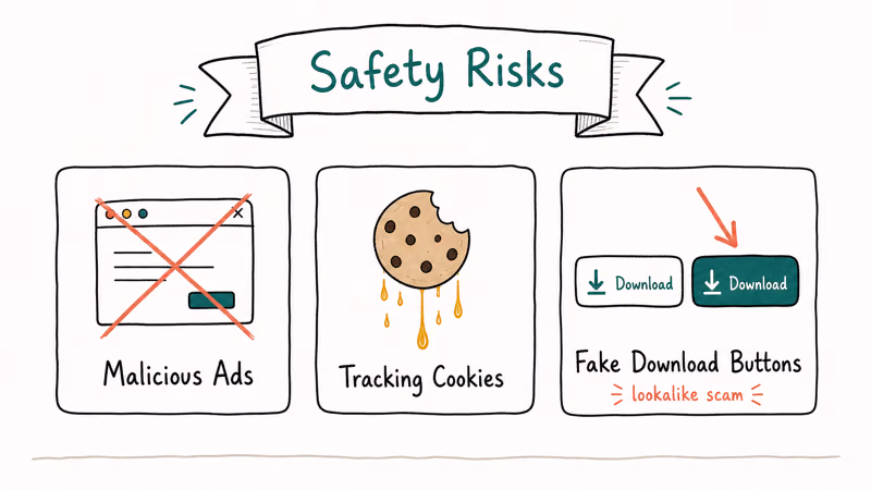 Three hand-drawn warning cards showing malicious ads tracking cookies and fake download buttons on 2Conv.