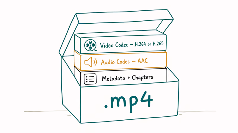 Hand-drawn MP4 container box opened to show video codec audio codec and metadata blocks inside the wrapper.