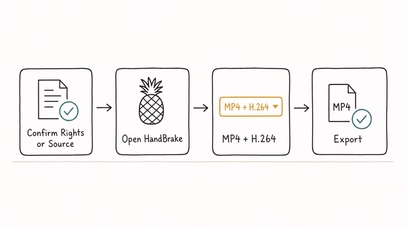 Four-card hand-drawn workflow for converting YouTube to MP4 covering rights check HandBrake codec pick and export.