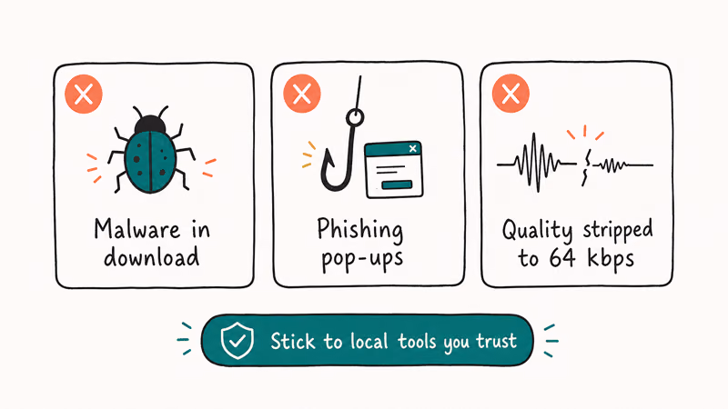 Three online OGG converter risk cards malware phishing pop-ups and degraded audio quality