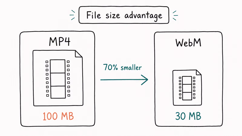 MP4 100 MB file box compared to smaller WebM 30 MB file box with a 70 percent smaller