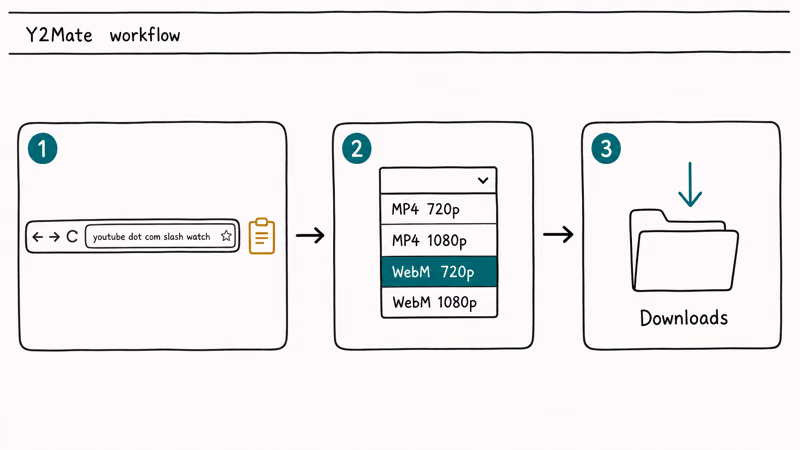 Three step Y2Mate workflow showing pasted YouTube URL WebM 720p dropdown and download arrow into Downloads folder.