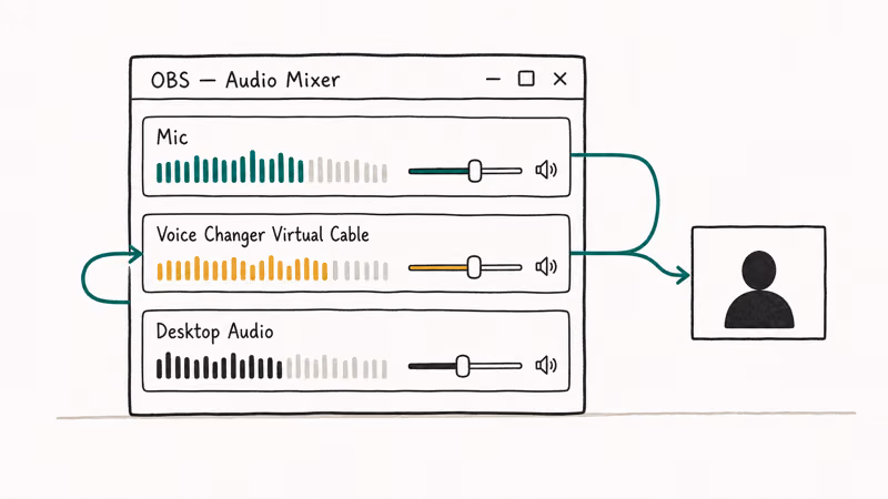 Hand-drawn OBS audio mixer showing voice changer virtual cable routing mic input into the scene preview.
