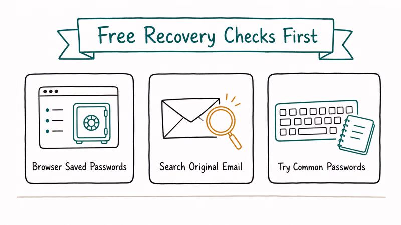 Three hand-drawn cards showing free ZIP recovery checks via browser email and common passwords before software.