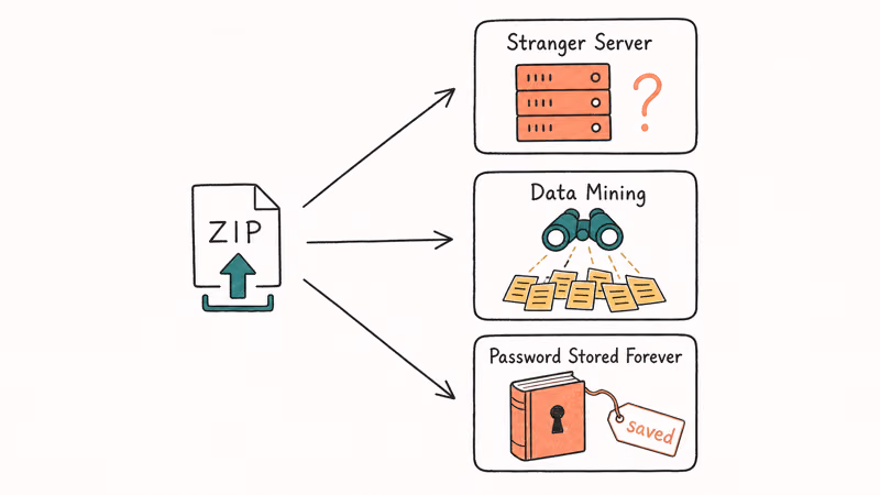 Hand-drawn scene of ZIP uploaded to online tool fanning into three risks of stranger server data mining and
