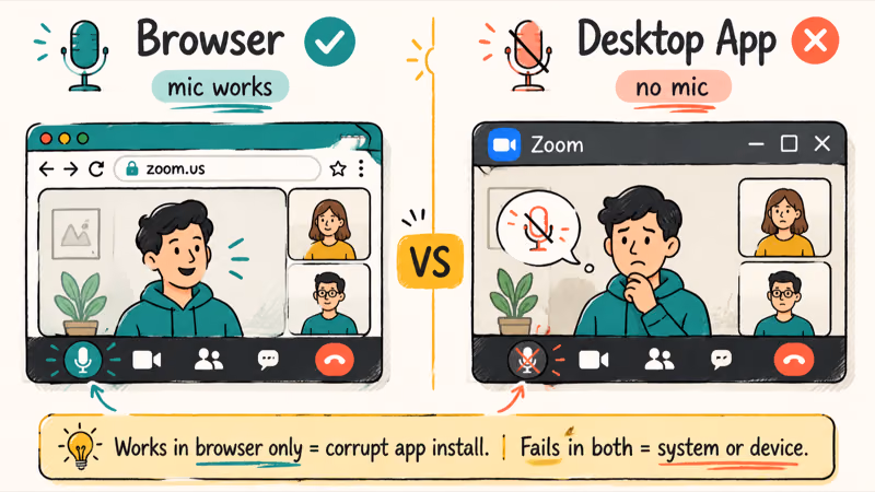 Side by side test of Zoom microphone working in a browser versus the desktop app