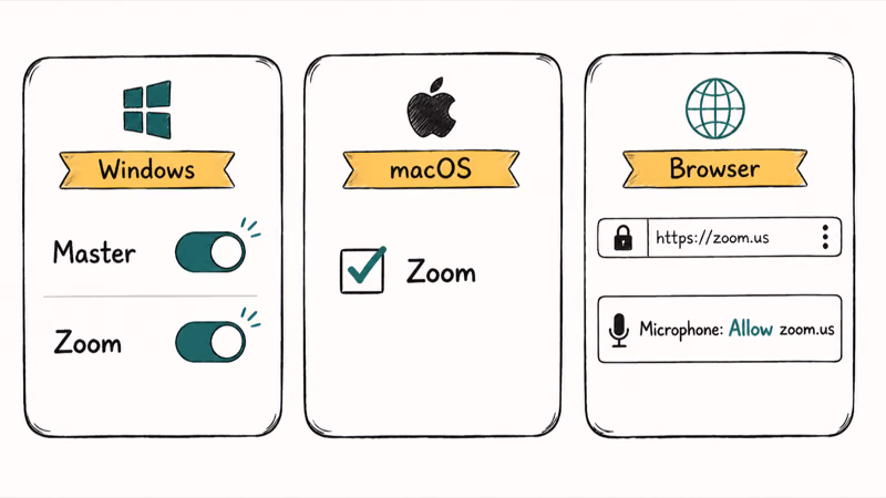 Microphone permission toggles for Zoom on Windows, macOS, and a web browser address bar