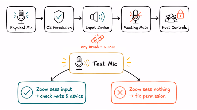 Zoom microphone signal chain showing where input breaks before the Test Mic check decides