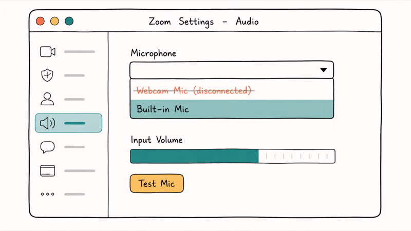 Zoom audio settings panel with Test microphone button and a moving input volume bar