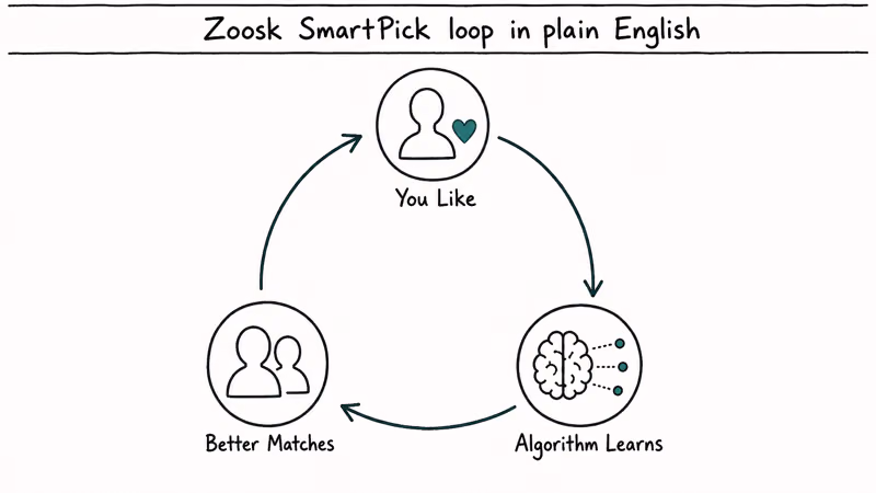 Three node circular loop showing Zoosk behavior matching from user likes through algorithm to better matches.
