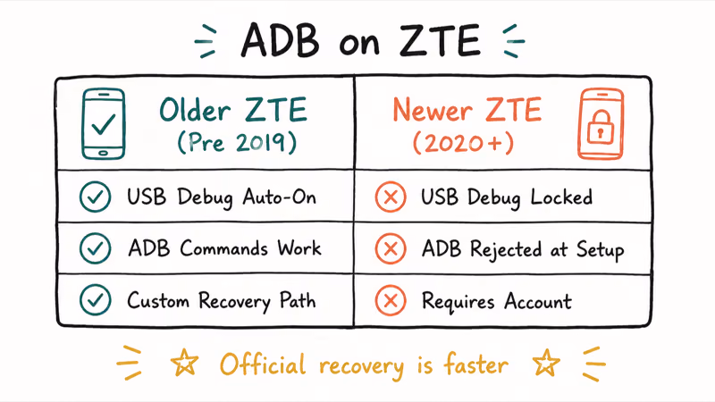 Two-column comparison contrasting older ZTE ADB friendliness against newer locked devices needing Google account